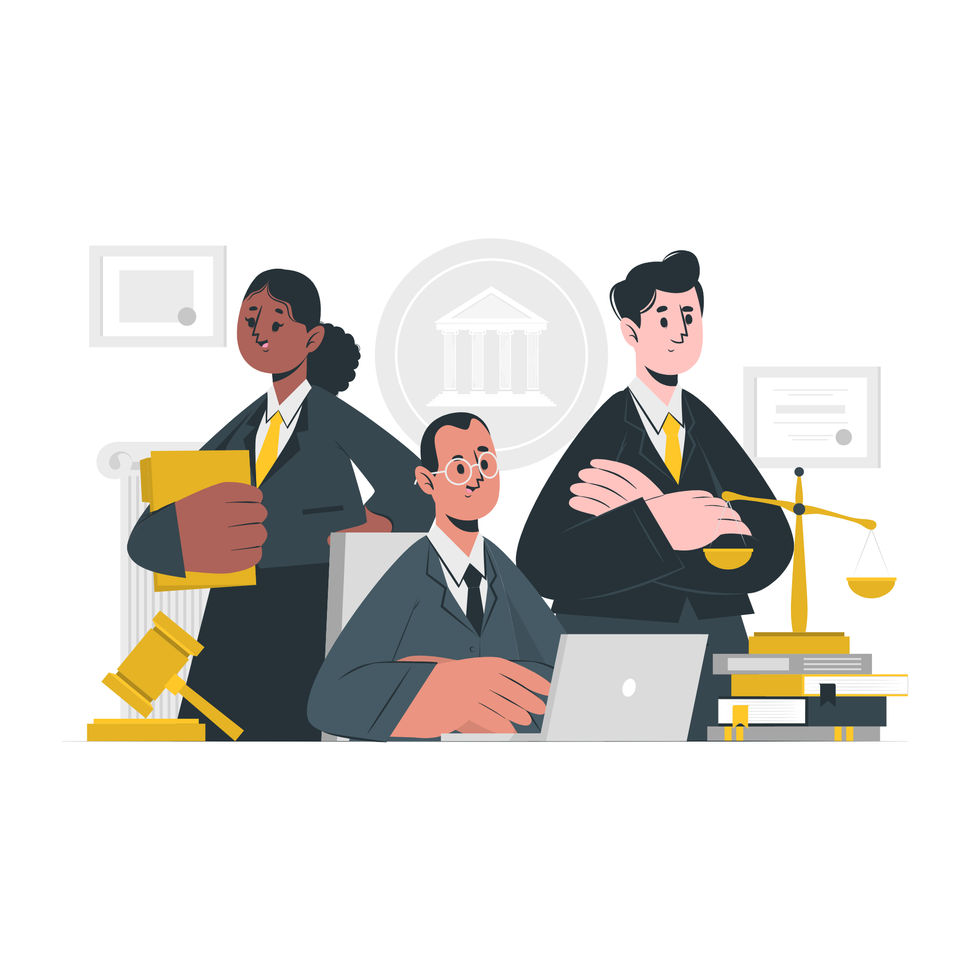 Legal professionals collaborating in a law office illustration